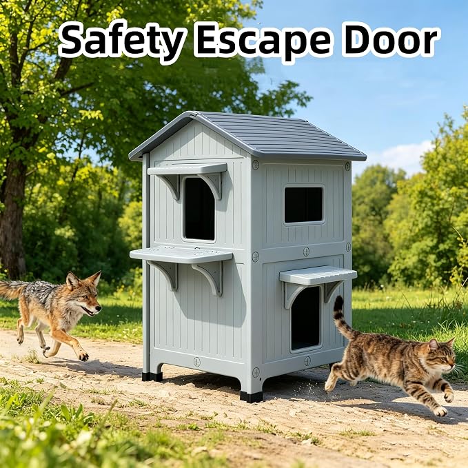 Outdoor Cat House 2 Story HDPE Weatherproof for Feral Cat, Grey with Mat | 21.5" D x 21" W x 34" H, Plastic Elevated Insulated Cat Shelter with Escape Door, Easy Clean & Assemble, Expansive Interior‌