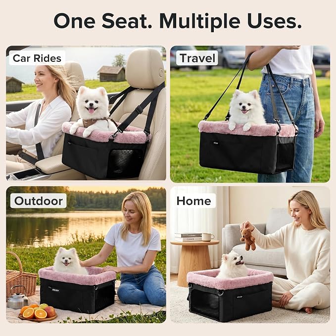 JOEJOY Deluxe Dog Booster Seat with Sturdy Metal Frame and Safety Leash for Small Pets up to 20 lbs - Portable Puppy Dog Car Seat with Thick Cushion and Storage Pockets for Small Dogs, Pink