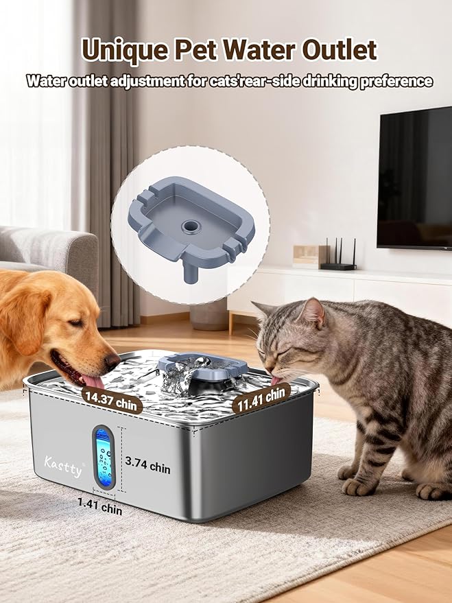 Kastty Dog Water Fountain for Large Dogs: 15L Stainless Steel Dog Water Bowl Dispenser -Super Quiet Pet Water Fountain with Visual Water Level-Great for Large Dogs Cats and Multi-Pet Home FS78(Grey)