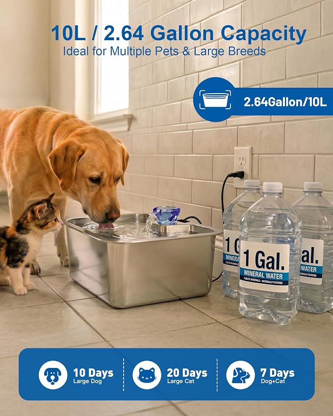 PETNF Dog Water Fountain, 10L Stainless Steel Pet Water Dispenser with 4-Stage Filtration, Ultra-Quiet Pump & Circulating Flow, Ideal for Large Dogs Multi-Pet Home, Perfect for Long Trips & Daily Use