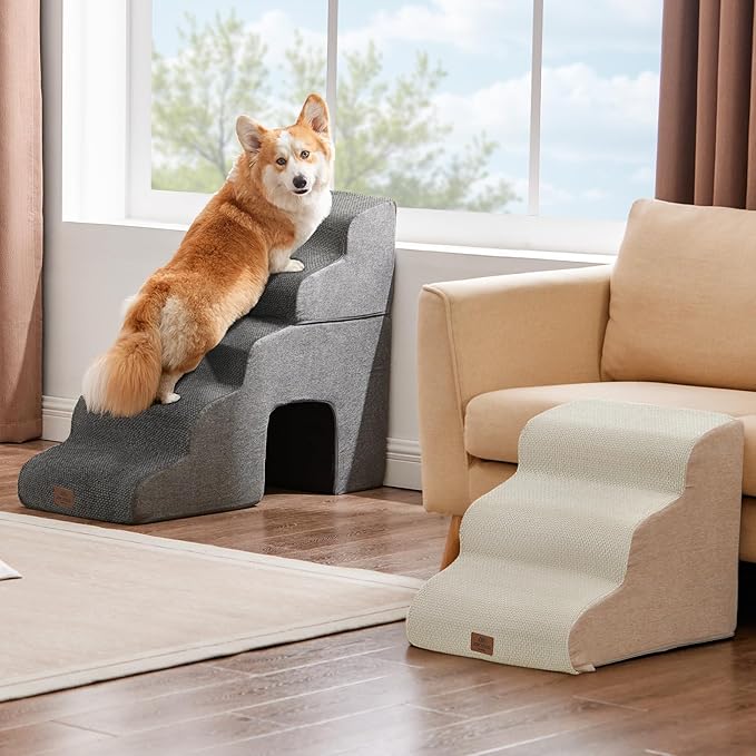 Joydeco Dog Stairs for Bed 17.1" H, 3-Step Pet Steps for Small Dogs and Cats, Dog Steps for High Bed, Non-Slip Balanced Ramp Indoor Pet Stairs, Gray