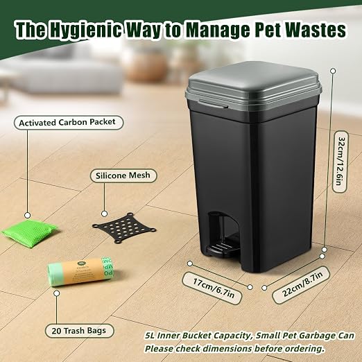 Small Pet Trash Can with Locking and Lid Hands-Free Pedal for Outdoor & Indoor Cat Litter Dog Poop Garbage Bin 5L/1.32 Gallon with 20PCS Waste Bags & Activated Carbon Bag, US