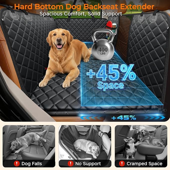 URPOWER Dogs Back Seat Extender with Non-Slip Blanket, 2 in 1 Hard Bottom Dog Car Seat Cover & Removable Dog Car Bed Mat, Waterproof Dogs Hammock for Car and SUV, Pet Rear Seat Protector Holds 400lbs
