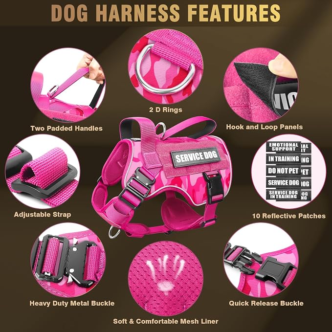 2X Metal Buckle Service Working MOLLE Dog Vest with 10 Pet Patches | Tactical Dog Harness for Large Dog, No-pull Military Working Vest for Training Hunting Walking，2x D Rings for Leash Clip