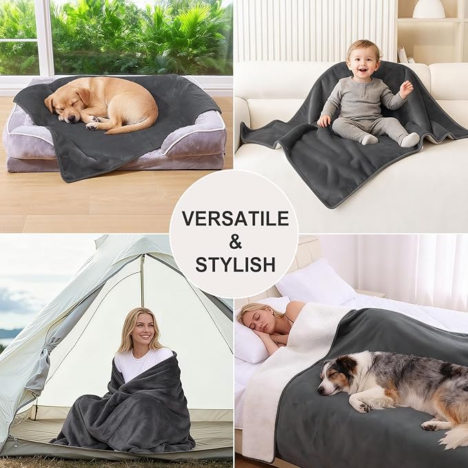 Smiry Waterproof Dog Bed Blanket, Leakproof Pet Throw Blanket for Bed Couch Sofa, Reversible Sherpa Fleece Furniture Protector Cover for Small Medium Large Dogs Cats (Dark Grey, 50x60 inches)