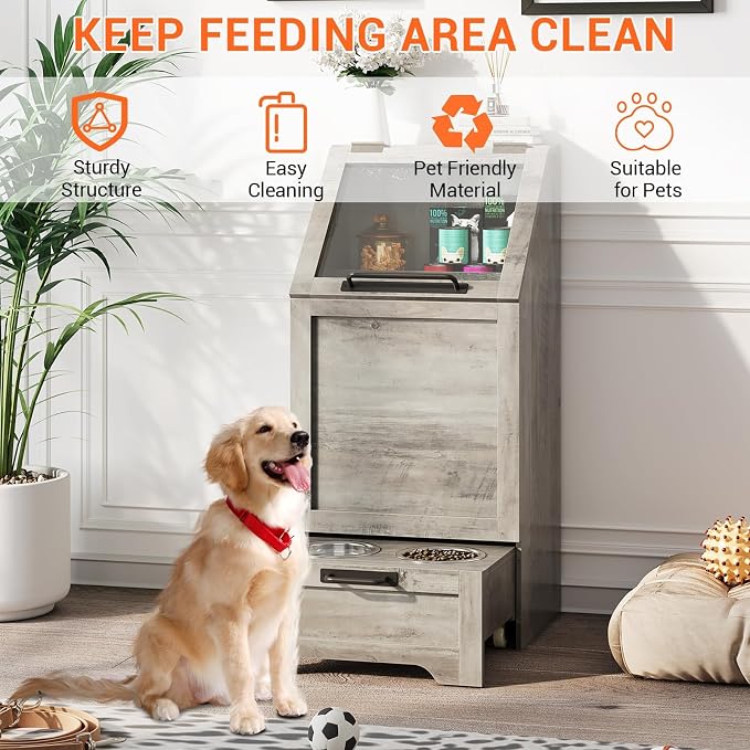 Dog Feeding Station, with Pet Feeding Station,Flip Top Dog Food Storage Cabinet, 2 Elevated Bowls, Includes 3 Hooks for Accessories – Space-Saving Design, Grey