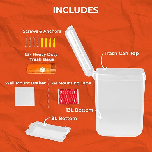 PEXTER Outdoor Dog Poop Trash Can Outside - Wall Mounted Dog Waste Bin & Garbage Can, 2-in-1 Converts 13L to 8L (3.5/2.1 Gal), Pet Waste Container for Dogs - Includes 15 Heavy Duty Bags (White)