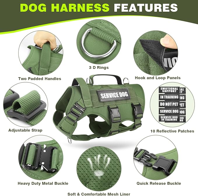 Service Dog Vest Harness for Large Dog, Tactical Working MOLLE Vest with 10 Pet Patches, No Pull Heavy Duty Harness for Training Walking