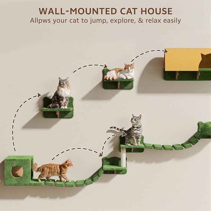 Cat Wall Furniture, 26 in 1 Cat Shelves w/Cat Tree, Tunnel, Green | Wall Mounted Cats Furniture Set w/Plush Fabric, Cat Climbing Systems for 16 Inch Drywall, with Scratching Posts, Bridge, Moon