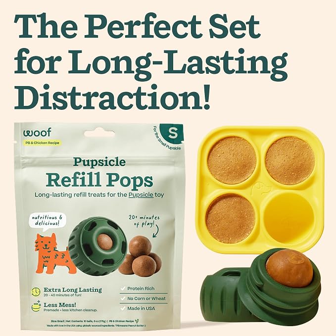 WOOF Starter Pack Dog Treat Toy for Small Dogs 10-25 lbs | Long-lasting enrichment kit, Pupsicle toy included, reusable treat mold, chicken Pops, DIY frozen treats