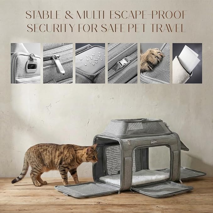 Top-Expandable Pet Carrier with Treat & Pet Window,17x11x9.5 Inch Alaska Hawaiian Airline Approved,Soft-Sided Dog Carrier for Small Dogs and Cats,Travel Cat Carrier with Locking Safety Zippers,Grey