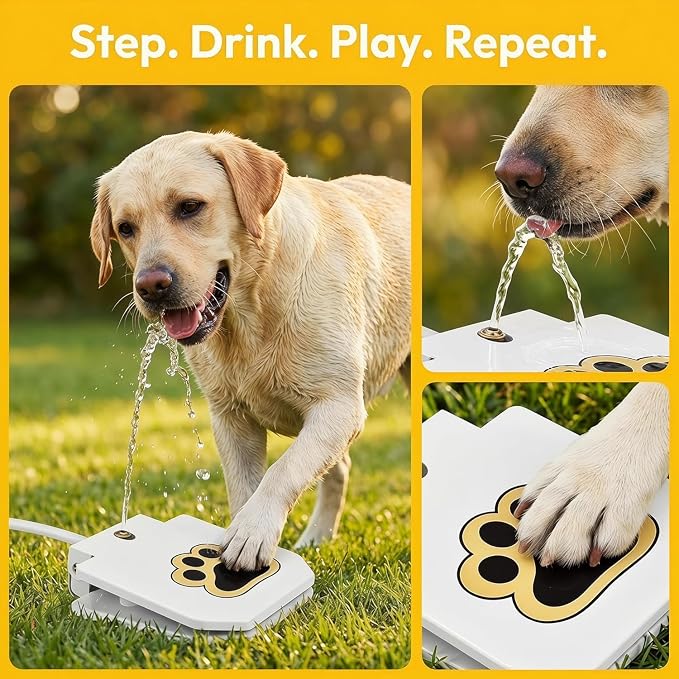 Outdoor Dog Water Fountain Step On, Dog Sprinkler Paw Activated for Large Dogs, Heavy Duty Pet Drinking Dispenser with Brass Valve & Anti Bite Hose, Summer Backyard Water Toy, 30s No Tool Setup (1Set)