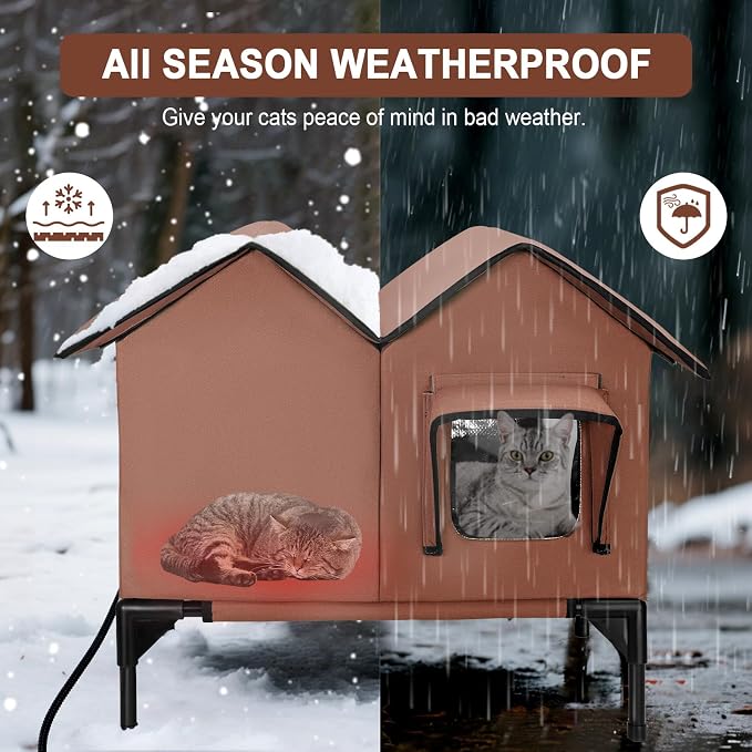 Heated Cat House, Large Heated Outdoor Cat House Weatherproof for Winter, Elevated Waterproof Insulated Cat Houses for Outdoor Cats, Comfortable and Warm Feral Cat Shelter (Tan)