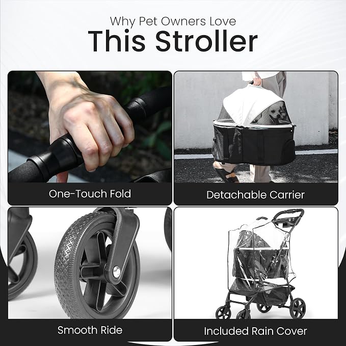 3-in-1 Folding Pet Stroller with Detachable Carrier – Lightweight Foldable Stroller for Cats & Dogs, Dog Carriers & Travel Products Solution with Safety Lock + Storage Basket