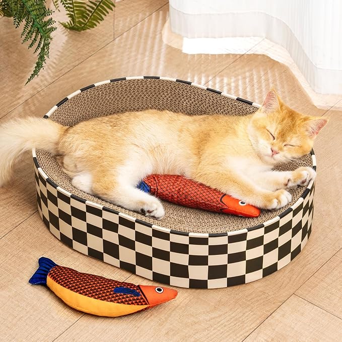 Conlun Oval Cat Scratcher Bed | Scratching Bowl Lounge for Kittens | Medium | Corrugated Cardboard Pad | Concave Shape | No Mess Enclosed Base | Serves as Couch Furniture Protector