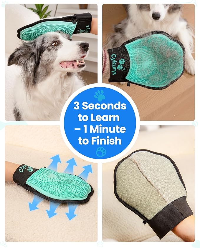Cykurys Pet Hair Removal Glove for Dogs & Cats(2-Pack), 2-in-1 Double-Sided Pet Grooming Glove, Electrostatic Pet Hair Remover Glove for Clothes & Furniture + Silicone Brush for Deshedding Pets