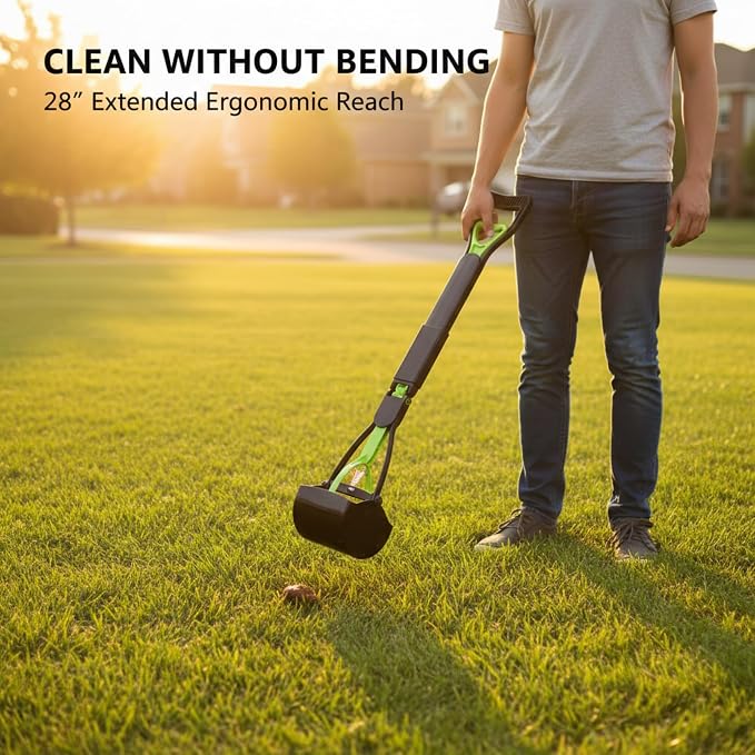 28“pooper scooper,dog pooper scooper,pooper scooper for large dogs,Folding Dog Poop Scooper, No-Bend Cleanup,with Durable Spring & Premium Material, Works on Grass/Dirt/Gravel & More Surfaces (Green)