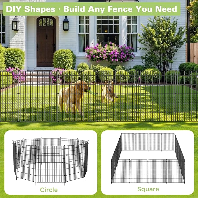 4 Panels No Dig Garden Fence with Gate, 48in(H) × 10.5ft(L) Decorative Metal Outdoor Dog Fence, Rustproof Pet Fencing for Yard, Patio, Flower Bed -Temporary Fencing| Easy to Install