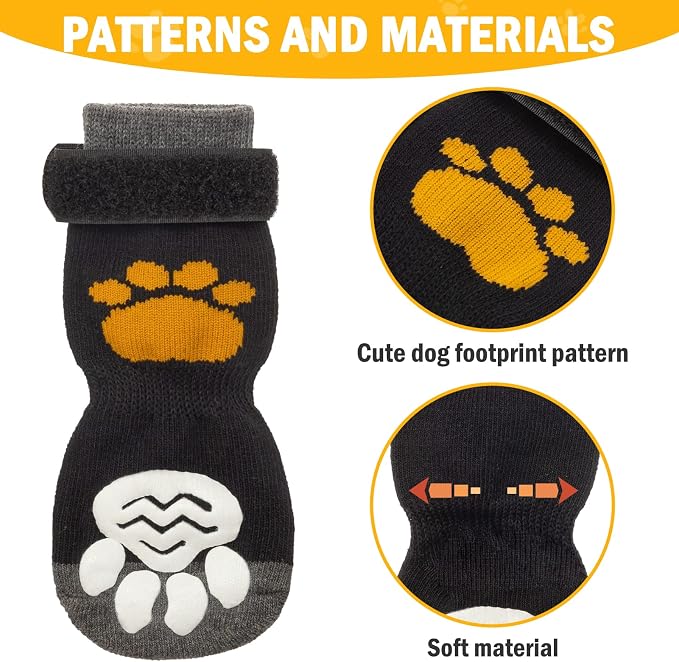 PUPTECK Anti-Slip Dog Socks with Double Sides Grips for Small Medium Large Dogs Hardwood Floors Prevents Licking, Dog Shoes for Hot Pavement Traction Control Paw Protector for Senior Dogs,Golden Paw M