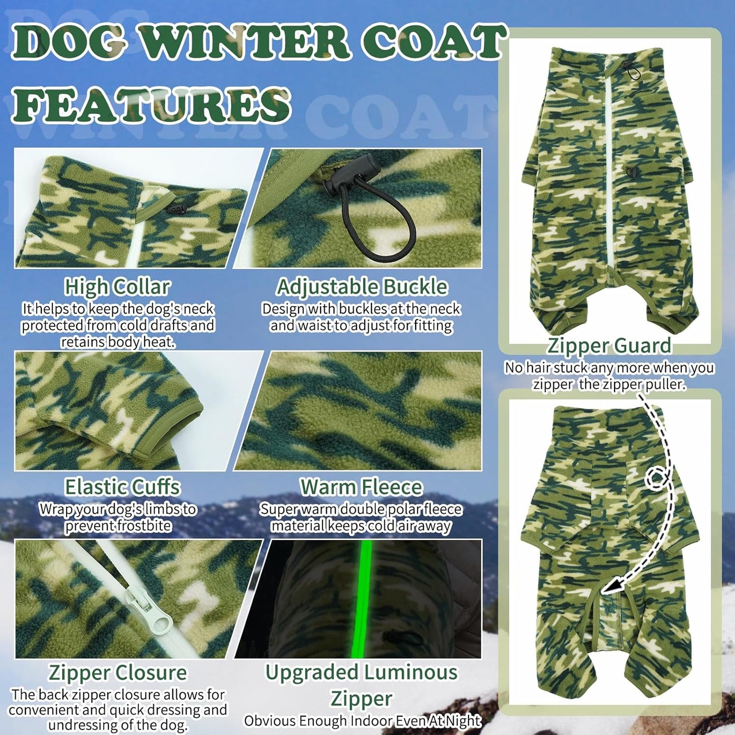 ROZKITCH Great Dane Clothes Dog Winter Coat Soft Fleece Pullover Pajamas, Pet Windproof Warm Cold Weather Jacket Vest with Luminous Zipper, Jumpsuit Apparel Outfit Clothes for Giant Dog Camo 3XL