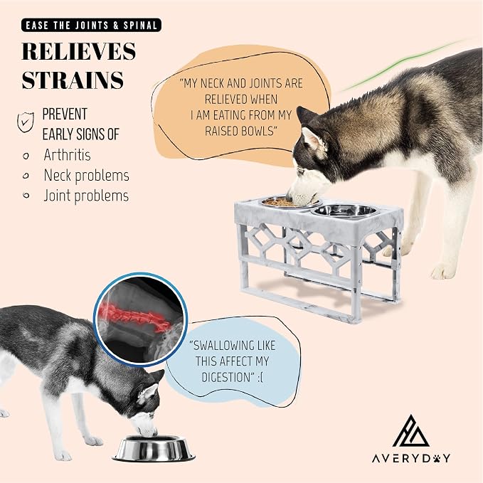 AVERYDAY Elevated Dog Bowls, 4 Height Adjustable Stand for Medium and Large Dogs, Raised Dog Feeder Holder with 2 Stainless Steel Food and Water Bowls, Anti-Slip Base Tall Feeding Station