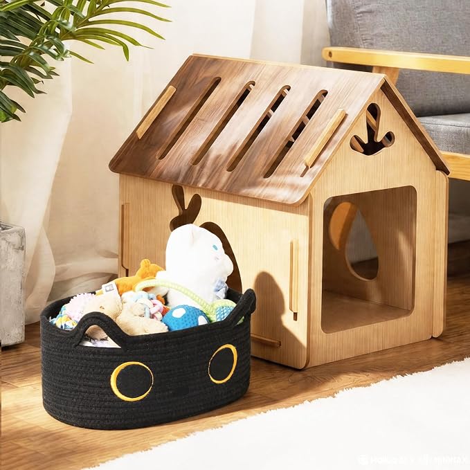Cute Cat Toy Basket, Small Cotton Rope Toy Bin Box for Cats, Woven Organizer with Embroidered Face, Decorative Storage for Shelf, Desktop, Indoor Pet Bed, Halloween Basket Decor, Black