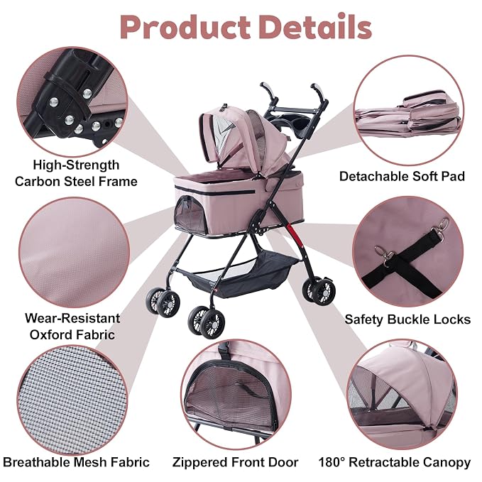 4 Wheels Foldable Pink Pet Stroller with Waterproof Cover, Storage Basket & Cup Holder, Breathable Visible Mesh for All-Season, for Small/Medium Dogs and Cats