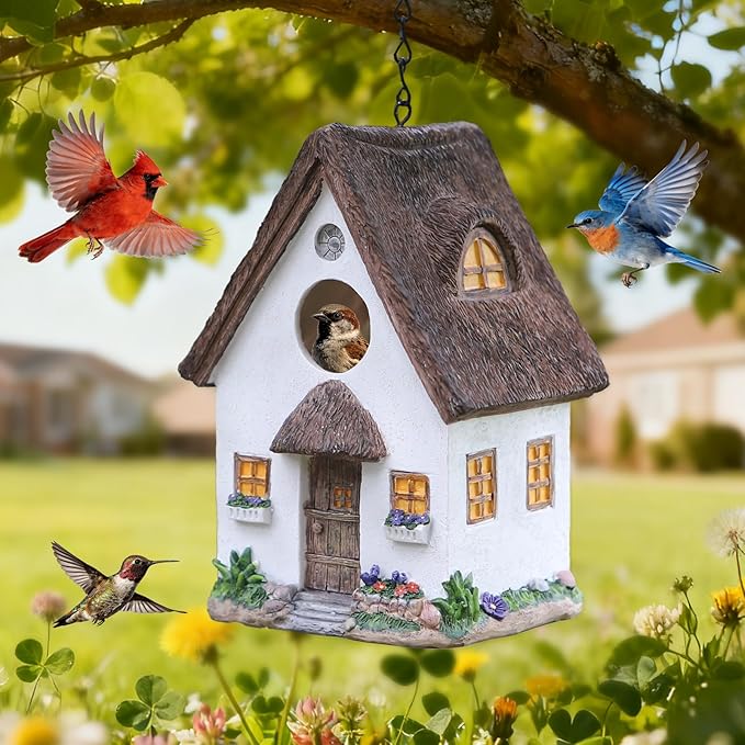 Bird Houses for Outside Rustic Cottage Birdhouse with Thatch Roof – Hand-Painted Resin Birdhouses for Outdoors for Bluebird Finches Cardinals Bird Nesting Garden, Patio, Yard