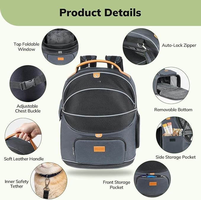 Morpilot Expandable Cat Carrier Backpack for Small Dogs & Cats Up to 12lbs, Breathable Mesh Pet Travel Backpack with Safety Leash, Foldable Airline Approved Carrier for Hiking Camping Outdoor, Grey