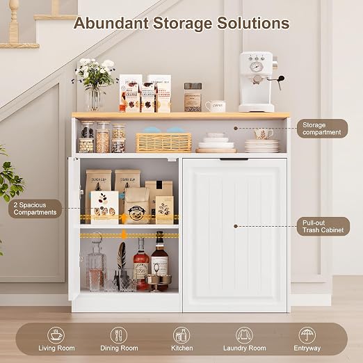 ZIFTY Pull Out Trash Can Cabinet for 13 Gallon Can with Storage, White | Pet Proof, Freestanding Kitchen Island Cabinet, Adjustable Shelf, Garbage Recycling, Modern Farmhouse Waste Bin Furniture