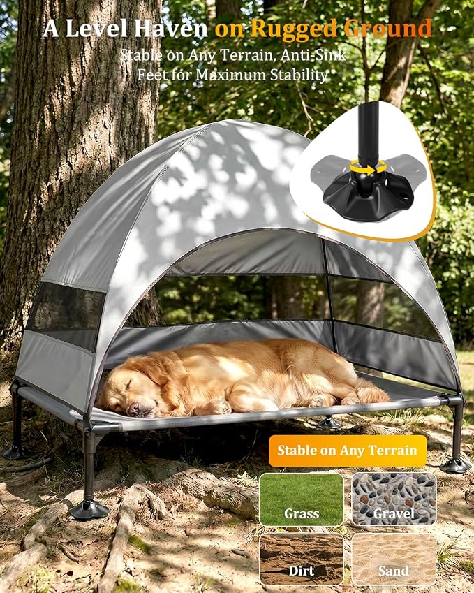 Elevated Outdoor Dog Bed with Canopy, Raised Dog Cot with Stable Adjustable Feet, Dog Camping Bed with Larger Shade, Lifted Dog Tent Bed with Canopy for Outside