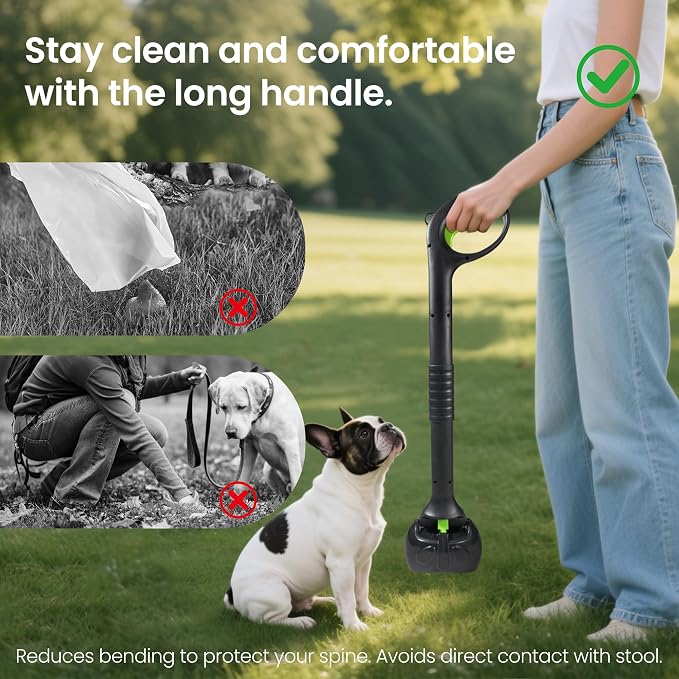 28 Inch Handle Dog Pooper Scooper Portable with Bag Attachment, One Handed Foldable Design, Includes 120 Waste Bags and Dispenser for Grass Yard Gravel Cleanup