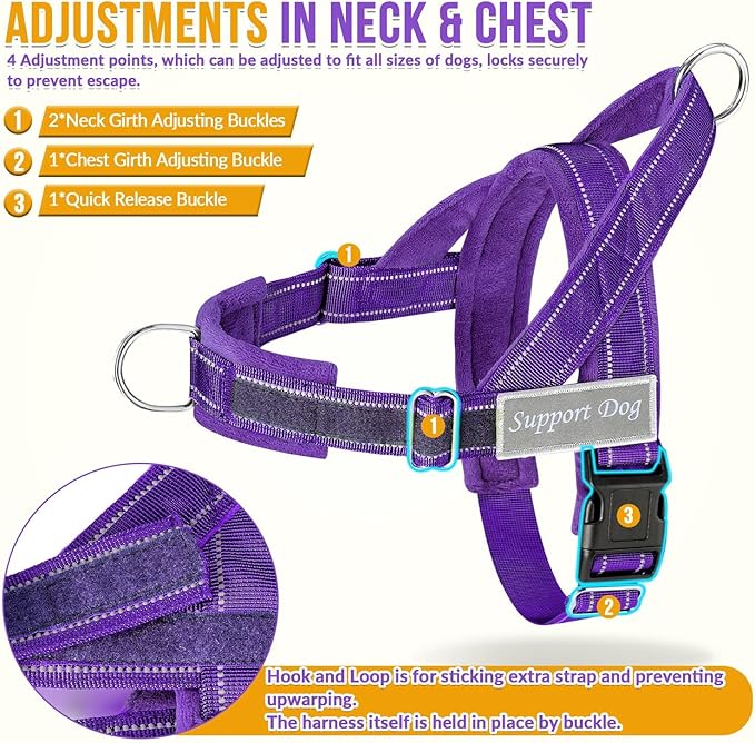 SlowTon No Pull Dog Harness with Front Clip - Heavy Duty, Soft Padded | Neck & Chest Adjustable, Tactical Pet Vest and Leash Set for Large Medium Sized Dogs, for Easy Walk & Training, Purple L