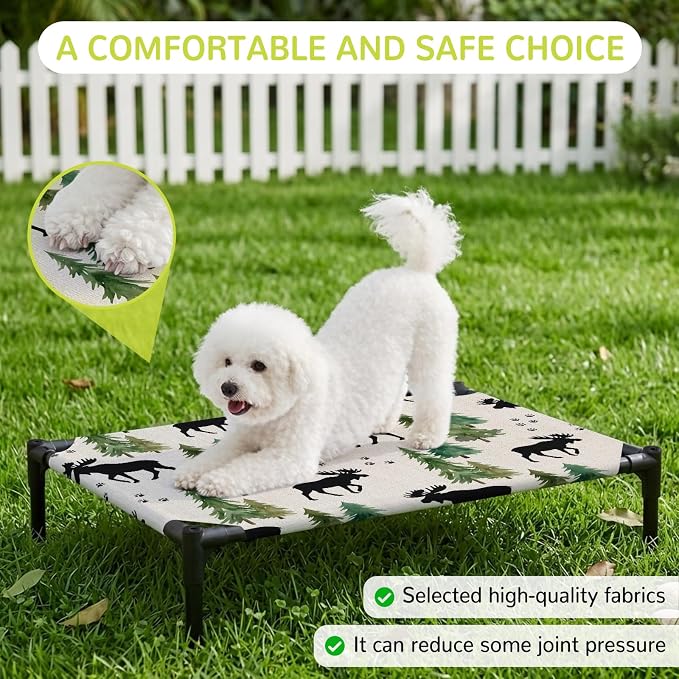 Outdoor Elevated Dog Bed for Large Dogs, Black Green Moose Breathable Cooling Raised Dog Cot for Indoor/Outdoor, Modern Animals Trees Rustic Waterproof Elevated Pet Beds, L 28 x 22 in