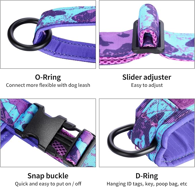 Annchwool No Pull Dog Harness with Padded Handle+5 Ft Leash,Escape Proof and Quick Fit to Adjust Dog Harness,Easy for Training Walking for Small & Medium and Large Dogs(Camo Purple Set,XL)