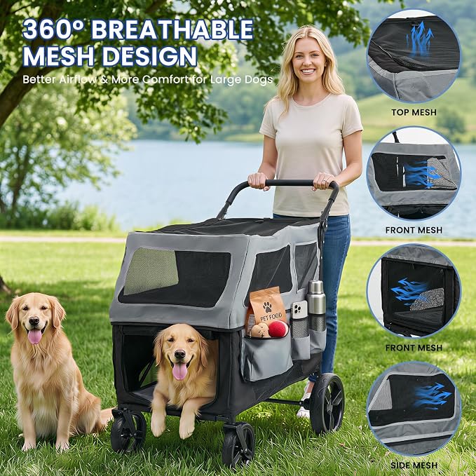 Large Dog Stroller for Medium & Large Dogs up to 350 lbs,Foldable Pet Wagon | Rear Ramp for Senior Dogs,Adjustable Handle,Washable Pad,All Terrain Wheels,Breathable Mesh Doors & Multiple Storage Pockets