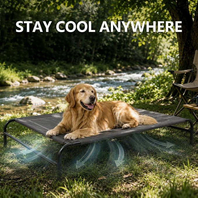 MICOOYO Outdoor Dog Bed, Elevated Dog Bed Raised Dogs Bed with Breathable & Washable Mesh, No-Slip Feet, Easy Clean, Chew Proof, Portable Dog Cot for Indoor & Outdoor Use, 35" x 25" x 8", Black
