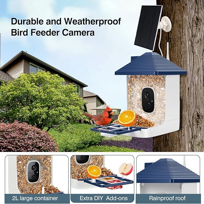 Smart Bird Feeder with Camera,AI Identify Species,Bird House with Solar Powered,Instant Arrival Alerts,2K HD Capture Video Live View,Gift for Birds Lover (Indigo Blue)