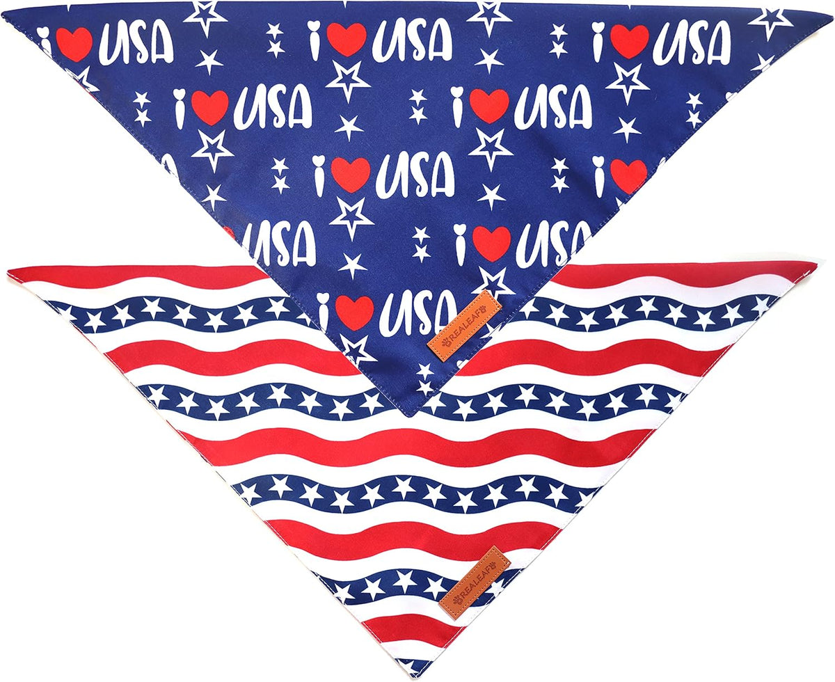 Realeaf 4th of July Bandanas 2 Pack, Triangle Reversible American Flag Pet Patriotic Scarf for Boy and Girl, Premium Durable Fabric, USA Bandana for Medium and Large Dogs (Large)