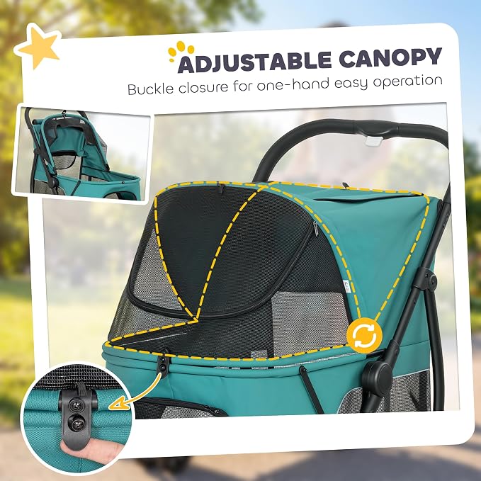 PawHut 3 Wheel Pet Stroller, Dog Stroller Dual Entry, Easy One-Click Quick Fold, All-Terrain Wagon Cart with Air Mesh, Washable Cushion, for Small and Medium Dogs and Cats Up to 44 lbs, Dark Green