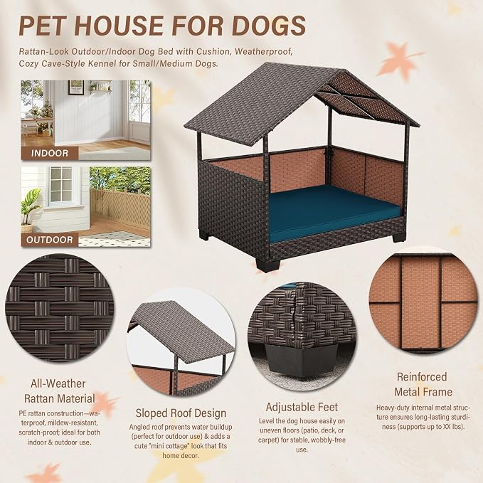 HDPE Wicker Dog House for Medium/Big Dogs 39x30x41in, Outdoor Dog Bed House with Canopy and All-Weather Non-Slip Dog Cot Cushion, Oversize Rattan Dog Bed Shelter and Pet Cabana, Brown
