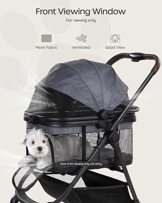 3 in 1 Pet Carrier Stroller with Detachable Carrier, Foldable Dog & Cat Stroller for Small/Medium Dogs up to 33 lbs, Large Storage Bag, Full Window Mesh, One-Touch Dual Brake, Car Seat