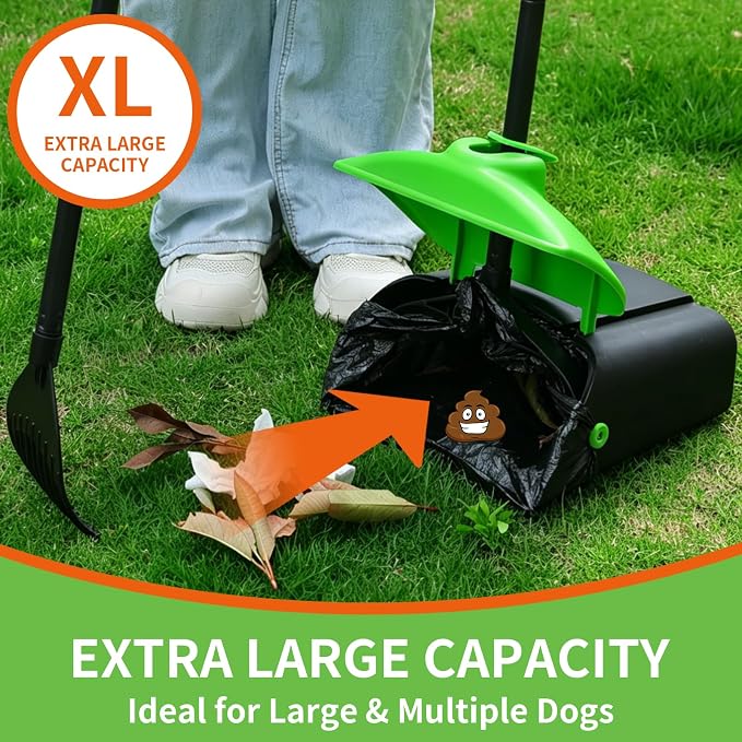 ienjoyed 40" Tall Dog Pooper Scooper with 100 Bags Attachment, Large Capacity Swivel Bin and Rake Metal Pole, Long Handle Pooper Scooper for Large Dogs, Dog Poop Scoop for Yard (Green)