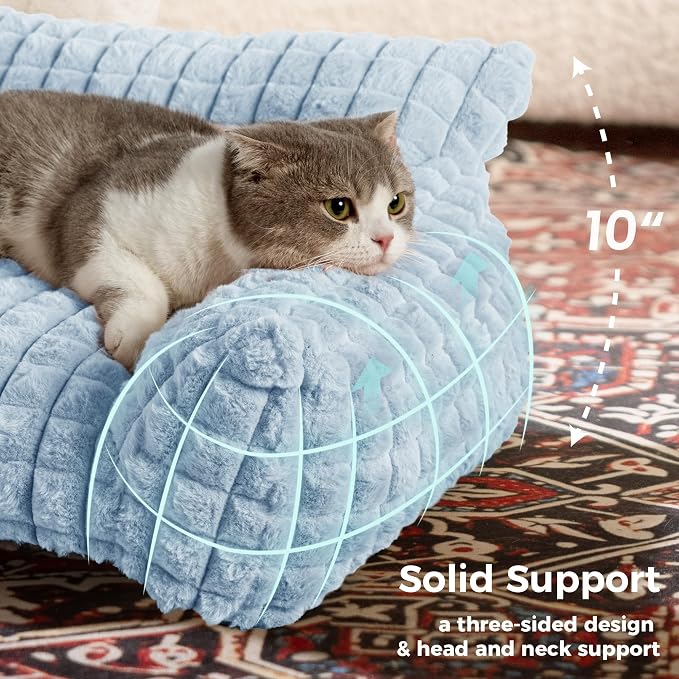 Cute Cat Couch Bed for Indoor Cats - Fluffy Faux Rabbit Fur Pet Sofa with Washable Cover, Fuzzy Pet Couch in Suppportive Small & Large Cats Beds, 24x18 x10 inch, Light Blue