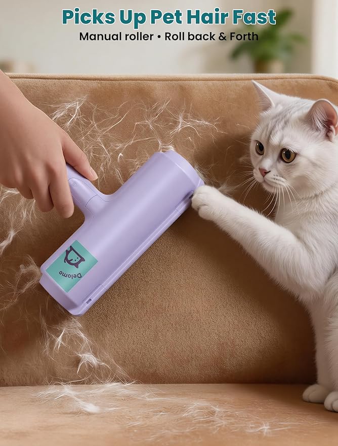 DELOMO Pet Hair Remover Roller: Reusable Lint Roller with Large Fur Bin - Portable Cat and Dog Hair Remover for Couch, Bedding, Car, Rugs & Furniture, Effective and Eco-Friendly, for Multi-Pet Homes