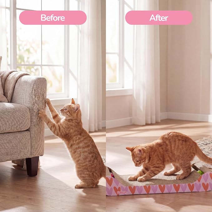 Rini 23.75" Modern Corrugated Cardboard Lounge Bed with Built-in Bell Toys and Catnip, Ergonomic Curved Sofa Scratcher for Indoor Cats, Pink/Red, (Set of 2) CSR1003D-SET2