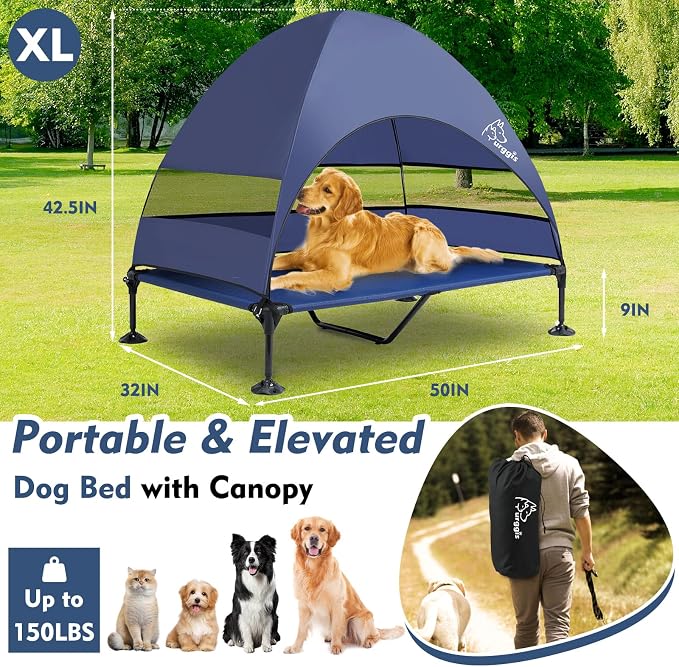 Elevated Outdoor Dog Bed with Canopy Raised Dog Cot with Shade Large Dog | Outdoor Dog Bed with Removable Wider Shade & Stable Anti-Slip Feet for Camping Raised Dogs Cot for Large Pets,Navy Blue