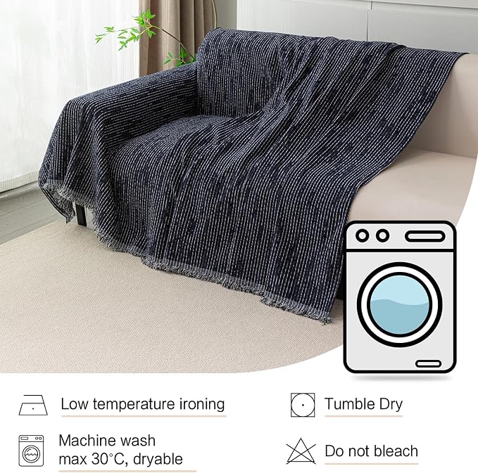 MYSKY HOME Boho Couch Cover Navy Sofa Covers with Tassel Farmhouse Sofa Slipcover Simple Couch Protector for Dogs Chenille Sectional Couch Covers L Shaped Couch Cushion Covers, 71"x 134"
