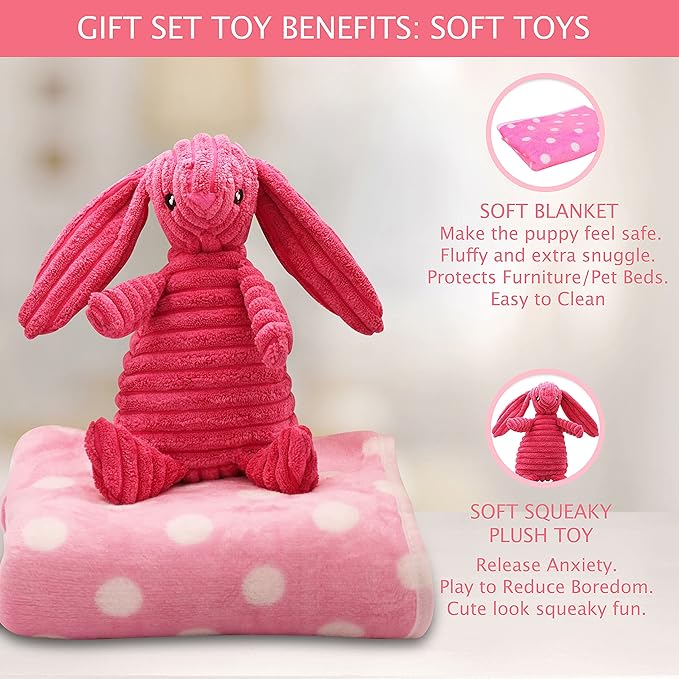 SoSoCute Pink Dog Gift Box - Puppy Chew Toy Set of 5 - Care Package with Dog Blanket, Squeaky Plush, Rubber Puppy Teether, Teething Ball, and Treat Ball for Small and Medium Dogs