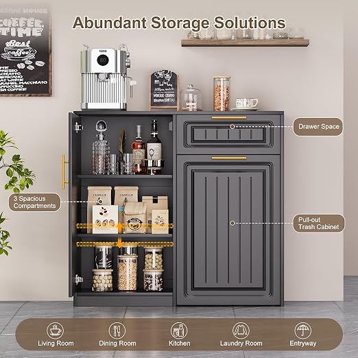 ZIFTY Pull Out Trash Can Cabinet with Storage, 13 Gallon Trash Can, Black | Pet Proof, Freestanding Kitchen Cabinet, Drawer & Adjustable Shelf, Garbage Recycling, Modern Farmhouse Waste Bin Furniture